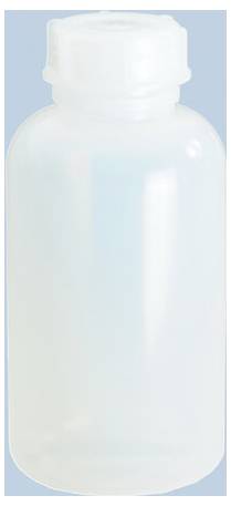 Weiße Kunststoffflasche mit Schraubverschluss auf hellblauem Hintergrund.