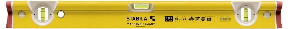 Gelbe STABILA Wasserwaage mit roten Endkappen, zwei Messgläsern und gedruckten Messskalen an der Seite.