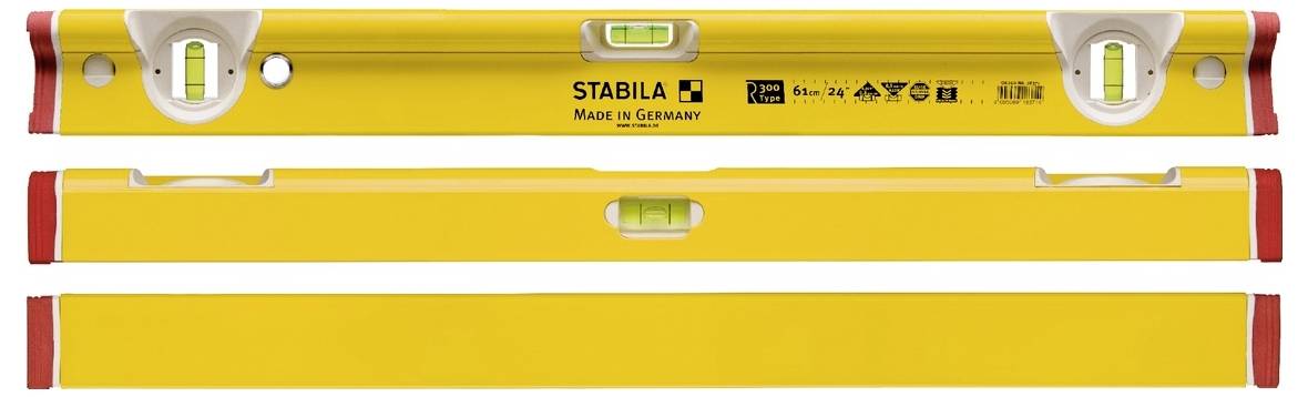 Drei gelbe Wasserwaagen, horizontal gestapelt, wobei die oberste Wasserwaage die Marke STABILA trägt und drei Blasenampullen sowie Endkappen aufweist.