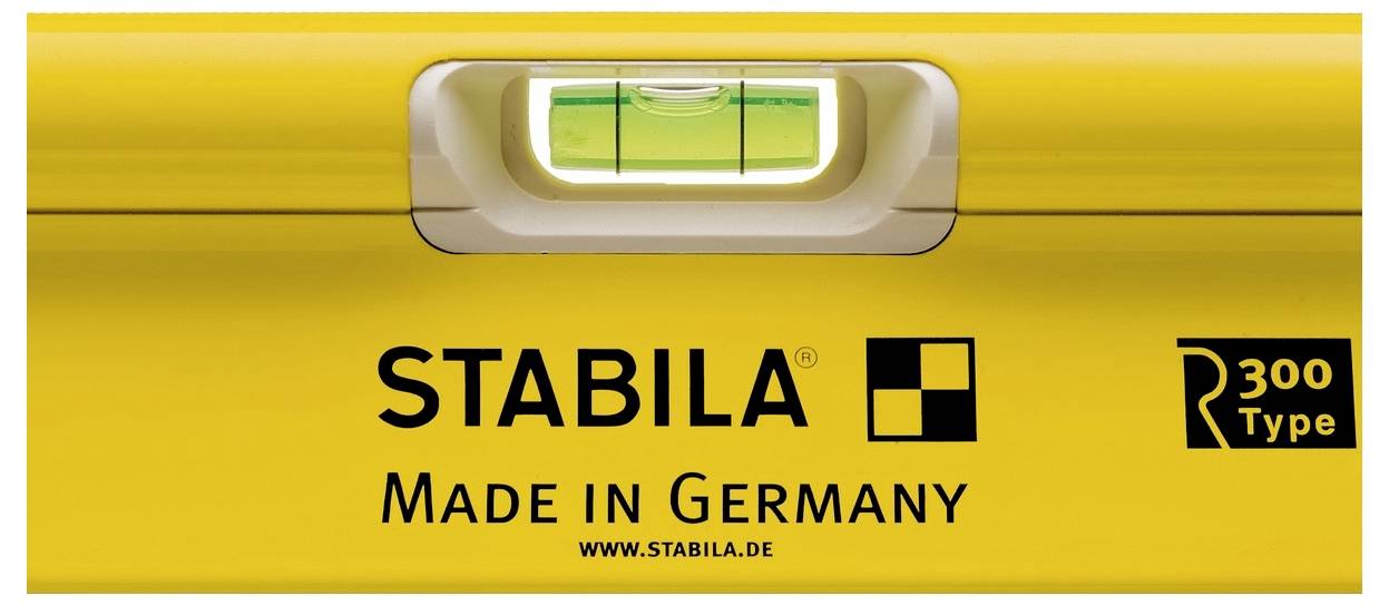 Gelber STABILA Wasserwaage mit zentraler Libelle, Logo und Aufschrift 