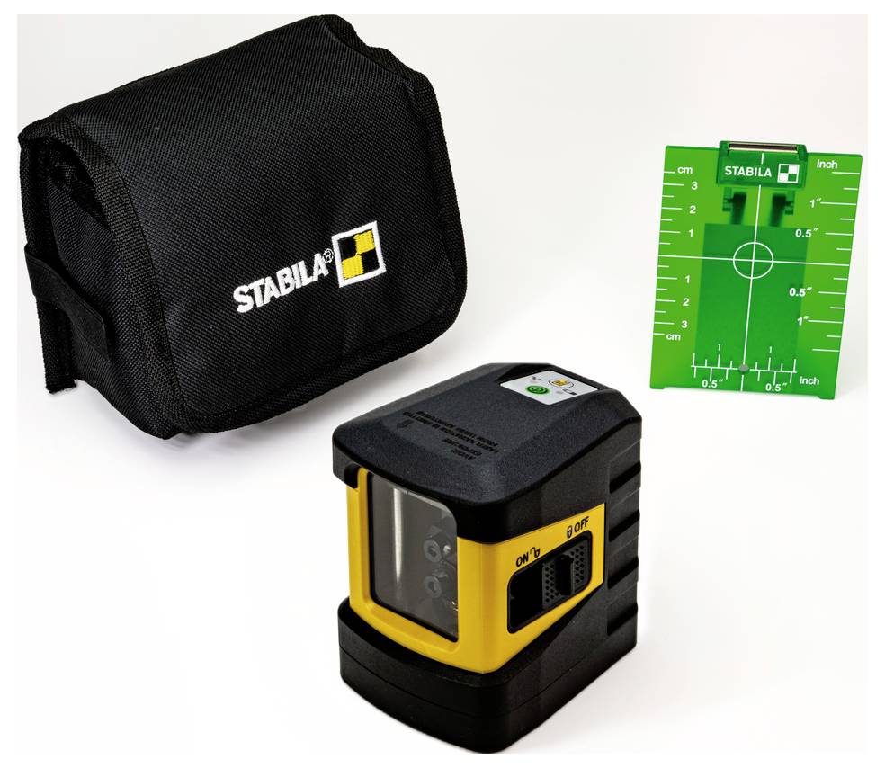 STABILA Laserniveau-Set mit Transporttasche, kompakte gelb-schwarze Lasereinheit und grüne Zielplatte mit Zentimeter- und Zoll-Markierungen.