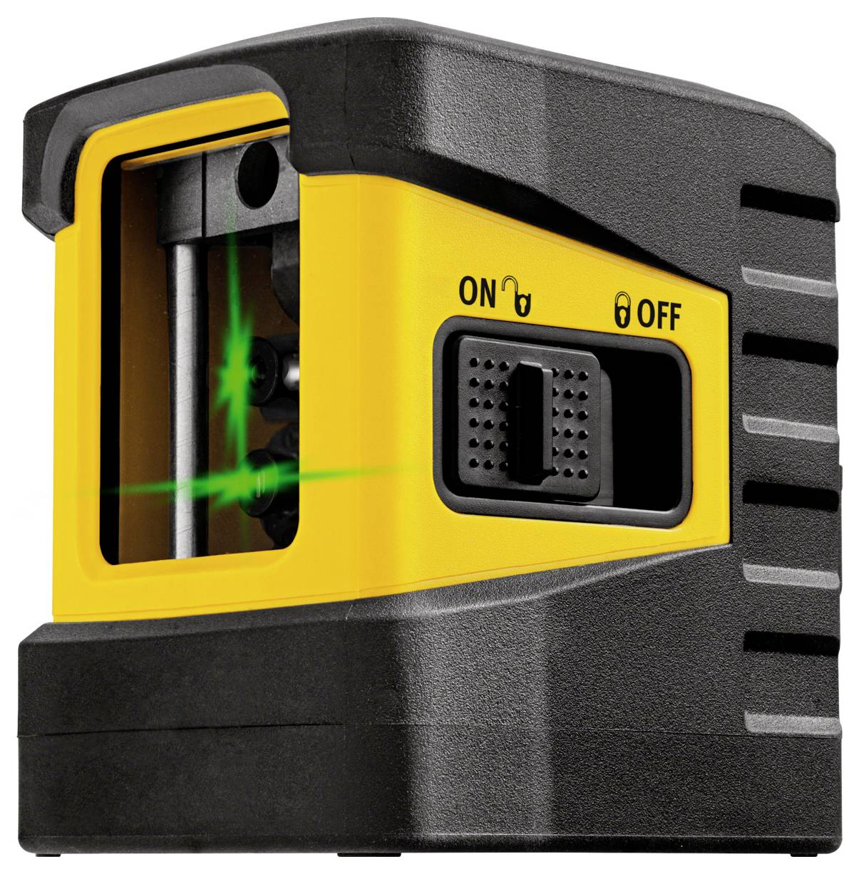 Gelb-schwarzer Lasermessgerät mit grünem Kreuzstrahl, mit Ein-/Ausschalter und horizontalem sowie vertikalem Nivellierfenster.