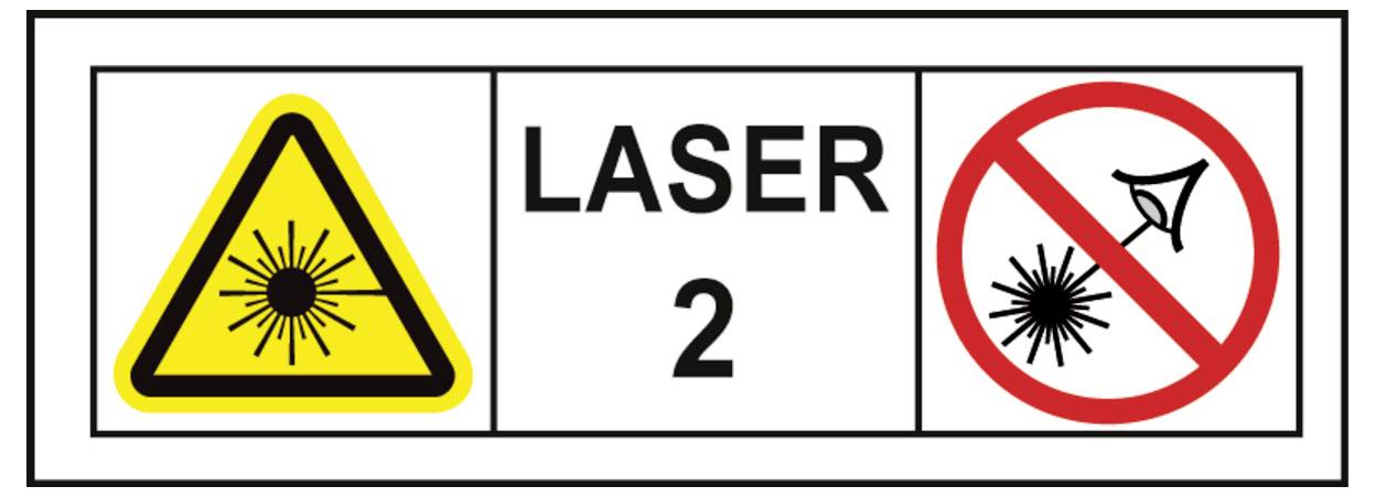 Laser 2 Warnschild: gelbes Dreieck mit Laserstrahlen-Symbol und rotem Verbotssymbol, das vor Lasergefahr und direkter Augeneinstrahlung warnt.