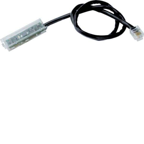 Schwarzes Kabel mit einem transparenten rechteckigen Stecker auf einer Seite und einem RJ45-ähnlichen Stecker auf der anderen Seite.