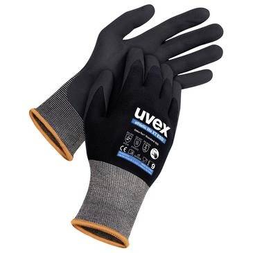 Paar schwarze uvex Arbeitshandschuhe mit grauen Manschetten und orangefarbenem Rand, gezeigt auf weißem Hintergrund.