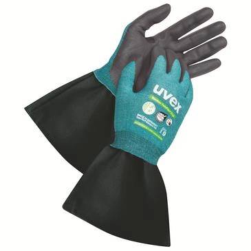 Paar schwarze und blaugrüne UVEX Schutzhandschuhe mit langen schwarzen Stulpen, auf weißem Hintergrund dargestellt.