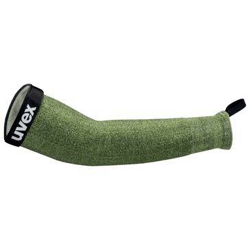 Grüner UVEX-Schutzarmstulpe mit schwarzer Manschette und Daumenschlaufe auf weißem Hintergrund.