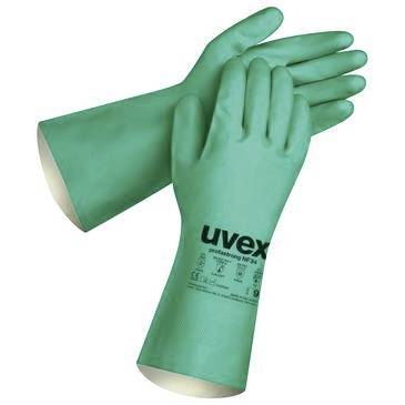 Paar grüne Schutzarbeitshandschuhe mit langen Manschetten und uvex-Branding auf weißem Hintergrund.