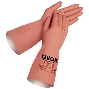 Paar orangefarbene uvex Schutzhandschuhe auf weißem Hintergrund gezeigt, mit sichtbarem 