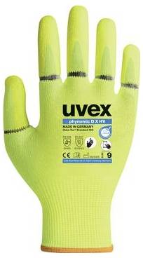 Leuchtend gelb-grüner uvex Arbeitshandschuh mit schwarzen Fingernähten und aufgedruckten Produktetiketten auf der Handfläche.