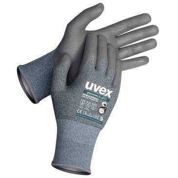 Paar grauer uvex Schutzarbeitshandschuhe auf weißem Hintergrund gezeigt, ein Handschuh über den anderen gelegt mit der Handfläche nach oben.