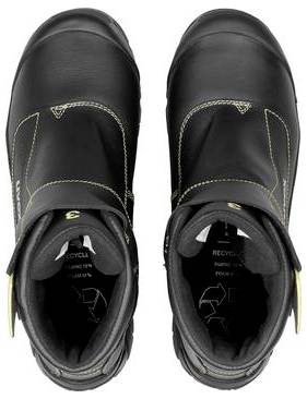Paar schwarze Slip-on-Arbeitsschuhe von oben betrachtet, mit reflektierender Naht und einem robusten, abgerundeten Zehendesign.