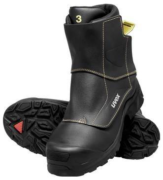 Schwarze Uvex-Sicherheitsstiefel mit dicken Profilsohlen, von vorne und von der Seite auf weißem Hintergrund gezeigt.