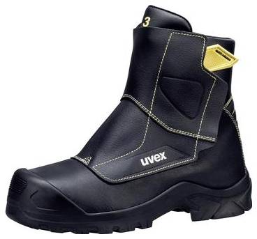 Schwarzer uvex Sicherheitsarbeitsstiefel mit verstärkter Zehenkappe und dicker robuster Sohle, gezeigt auf weißem Hintergrund.