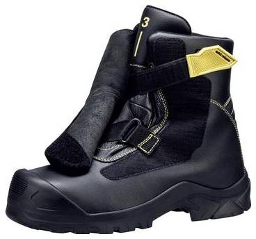 Schwarzer Sicherheitsstiefel mit verstärkter Zehe, Slip-On-Design und gelbem Seitenlaschen, dargestellt auf weißem Hintergrund.