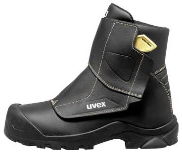 Schwarzer Uvex-Sicherheitsstiefel mit hoher Knöchelstütze, verstärkter Zehenkappe und gelbem Seitendetail, in Seitenansicht auf weißem Hintergrund