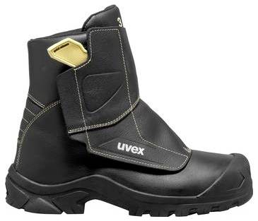 Schwarzer Uvex-Sicherheitsstiefel mit Schutzlasche und goldenem Zuglasche, in Seitenansicht auf weißem Hintergrund dargestellt.