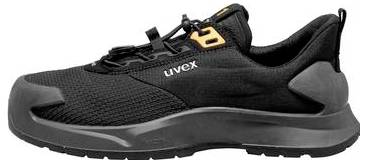 Schwarzer Uvex Arbeits-Sportschuh mit grauer Sohle und Schnürsenkeln, gezeigt in Seitenansicht auf weißem Hintergrund.