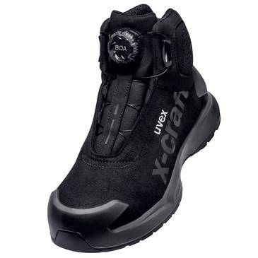 Schwarzer Uvex X-Craft Sicherheitsstiefel mit BOA-Schnellverschluss, gezeigt auf weißem Hintergrund.