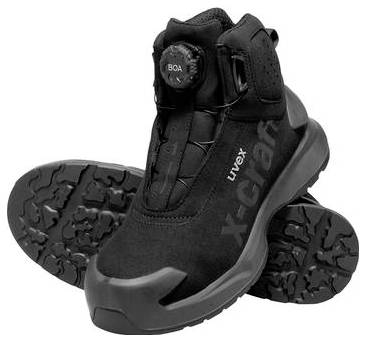 Schwarzer Uvex Sicherheitsstiefel mit BOA-Drehverschluss und robuster Stollensohle, auf weißem Hintergrund dargestellt.