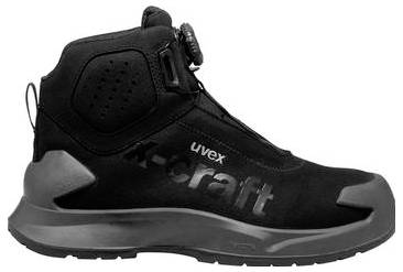 Schwarzer hoher Sicherheitsarbeitsschuh mit grauer Sohle und Schutzkappe, Marke „uvex