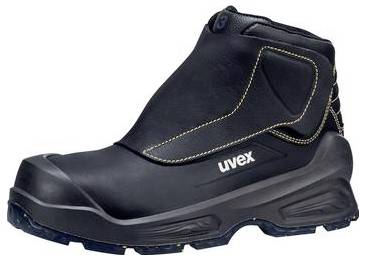 Schwarzer Uvex Sicherheitsstiefel mit Knöchelstütze, robuster Sohle und genähtem Schaft, gezeigt vor weißem Hintergrund.