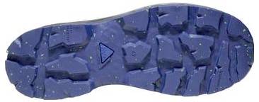 Blau gefügte Schuhsohle mit einem kleinen dreieckigen Logo in der Mitte.