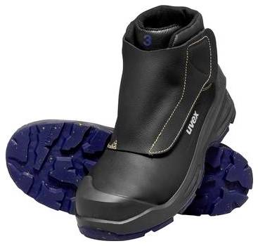 Schwarzer Uvex-Sicherheitsarbeitsstiefel mit dunkelblauer Profilsohle, abgebildet auf weißem Hintergrund.