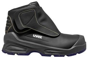 Schwarzer Uvex Schutzarbeitsschuh mit hohem Schaft, verstärkter Zehenkappe und breiter Klettverschluss, in Seitenansicht auf weißem Hintergrund gezeigt.