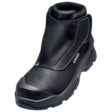 Schwarzer hoher Uvex-Sicherheitsstiefel mit verstärkter Zehenkappe und robuster Sohle, auf weißem Hintergrund dargestellt.