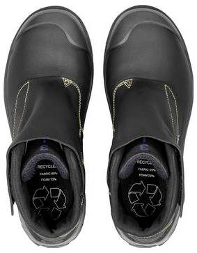Paar schwarze Slip-On-Schuhe von oben betrachtet, mit recycelten Schaumstoff-Einlegesohlen aus Stoff und Nahtdetails.