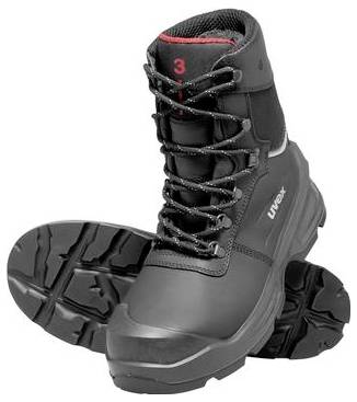 Schwarze High-Top-Arbeitsschuhe mit Schnürsenkeln und strapazierfähigem Profil, von vorne und von der Sohle auf weißem Hintergrund gezeigt.
