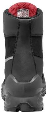 Hinteransicht eines schwarzen Wanderstiefels mit rot gepolstertem Kragen und robuster grauer Lauffläche.