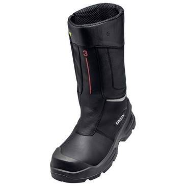Schwarzer wasserdichter Winterstiefel mit hohem isoliertem Schaft, robuster Profilsohle und rotem Akzentstreifen auf weißem Hintergrund