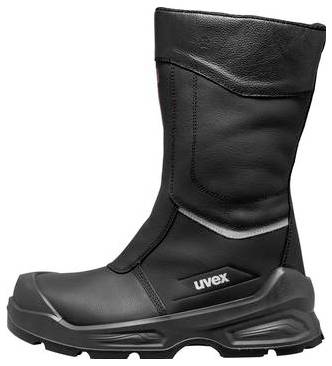 Schwarzer Uvex-Sicherheitsstiefel mit hohem isoliertem Schaft, verstärkter Zehenkappe und dicker Profilsohle, in Seitenansicht auf weißem Hintergrund dargestellt.