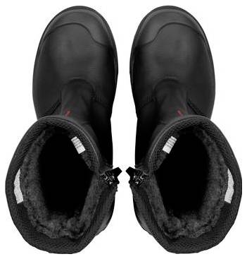 Paar schwarze isolierte Winterstiefel von oben gezeigt, mit dicken gepolsterten Manschetten und Seitenverschlüssen.