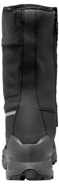 Schwarzer isolierter Winterstiefel in Knöchelhöhe mit robuster Sohle und verstärkter Zehenpartie, Vorderansicht auf weißem Hintergrund.
