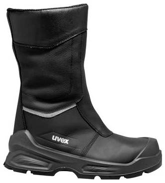 Schwarzer Uvex Sicherheitsstiefel mit hohem isoliertem Schaft, verstärkter Zehenkappe und dicker robuster Sohle auf weißem Hintergrund.