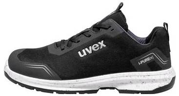 Schwarze niedrig geschnittene Sicherheits-Sneaker mit weiß gesprenkelter Sohle, mit den Marken „uvex