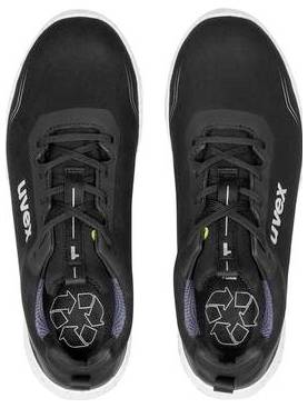Paar schwarzer Sportschuhe von oben gezeigt, mit weißen Sohlen und „uvex