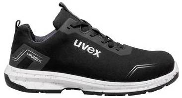 Schwarzer Uvex-Sicherheits-Sneaker mit niedrigem Schaft, weißer Sohle und weißer Kappe, in Seitenansicht auf weißem Hintergrund dargestellt.