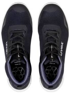 Draufsicht auf ein Paar schwarze Sportschuhe mit weißen Sohlen und Schnürsenkeln, nebeneinander auf weißem Hintergrund angezeigt.