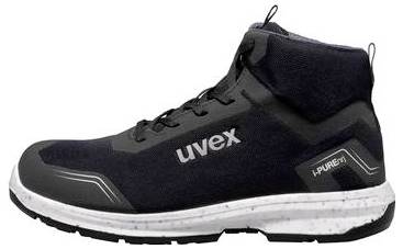 Schwarzer hoher Uvex Sicherheitsstiefel mit weiß gefleckter Sohle, seitlichem Logo „uvex