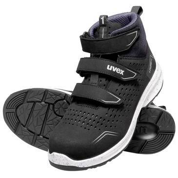 Schwarzer Uvex High-Top Sicherheitsschuh mit drei Klettverschlüssen, seitlich dargestellt mit sichtbarer Profilsohle.