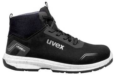 Schwarzer Uvex-Sicherheitsarbeitschuh mit weißer Sohle und „PUREn