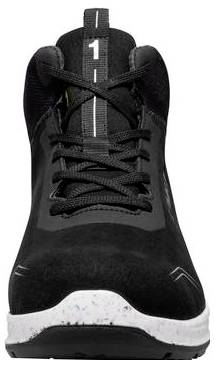 Schwarzer Laufschuh aus athletischem Material von vorne betrachtet, mit weißer Sohle und einer vertikalen „1