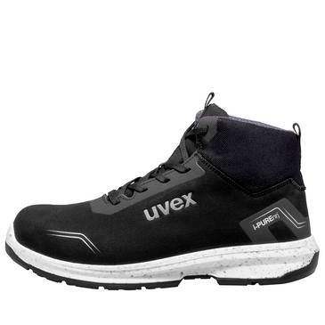 Schwarzer hoher Sicherheitsschuh oder Arbeitsstiefel mit „uvex