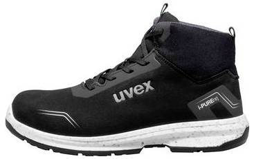 Schwarzer Uvex Sicherheitshochschuh mit weiß gesprenkelter Sohle, in Seitenansicht auf weißem Hintergrund gezeigt.