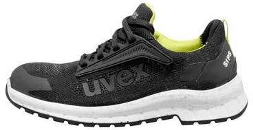 Schwarzer sportlicher Laufschuh mit neongelber Fütterung, weiß gepolsterter Sohle und „UVEX