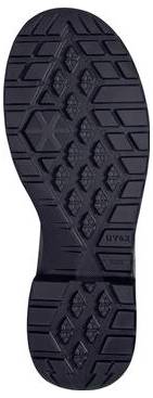 Schwarze Schuhsohle mit tiefem Profilmuster und einem kleinen Uvex-Logo in der Nähe der Ferse.